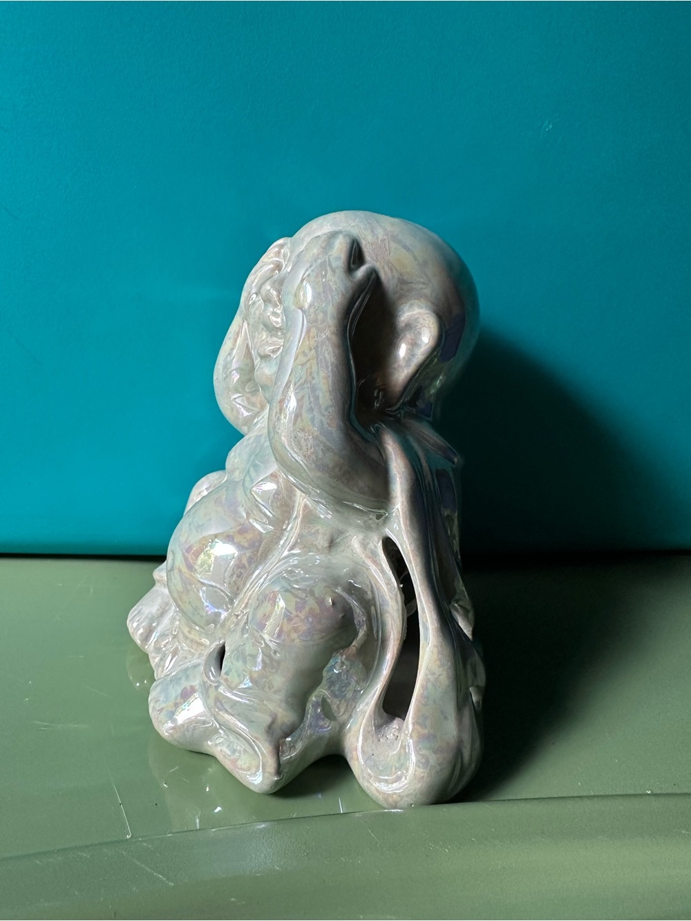 Ceramic Laughing Buddha Statue - Iridescent Sage Glaze - Picture 2 of 6